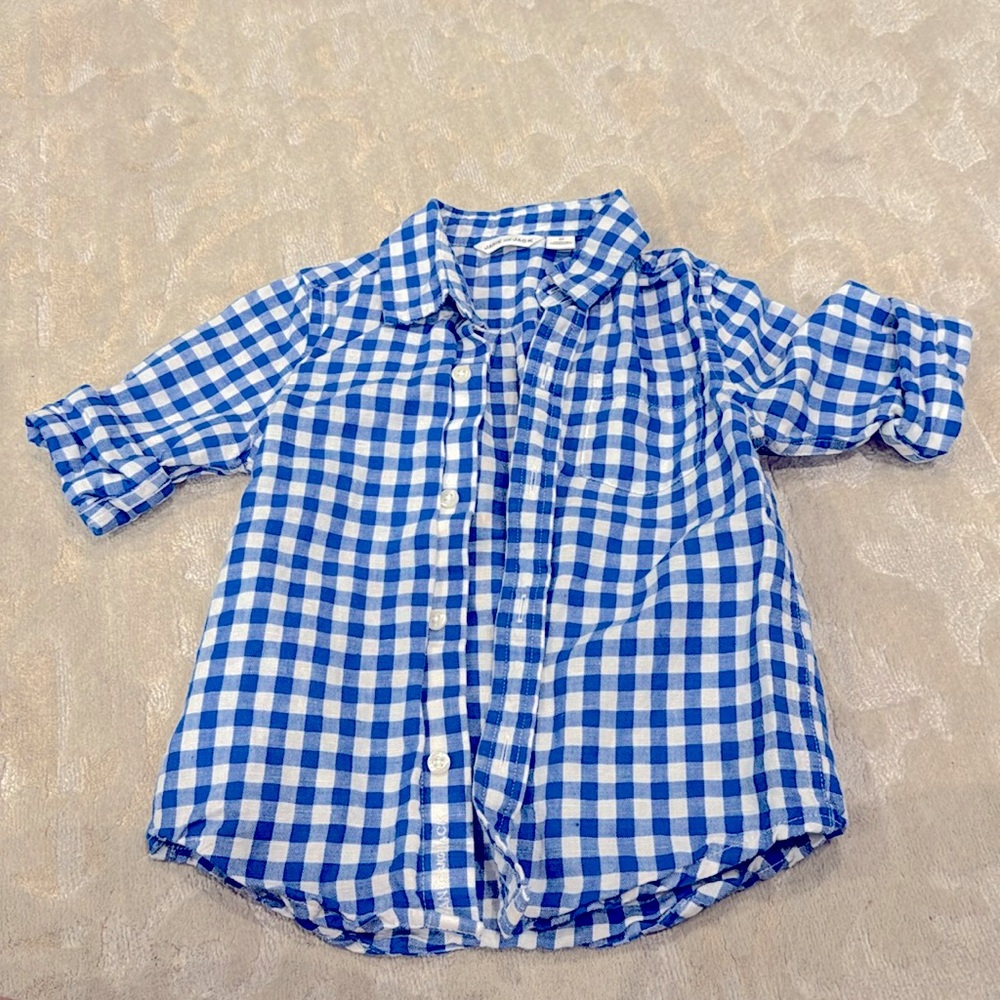 Jainie and Jack, long sleeve blue and white checkered shirt long sleeve